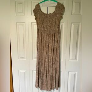 Tan smocked maxi with white floral print